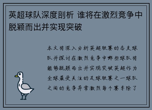 英超球队深度剖析 谁将在激烈竞争中脱颖而出并实现突破