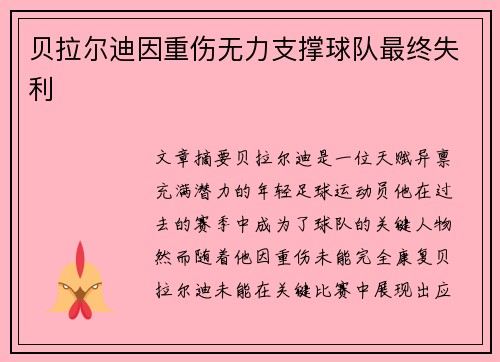 贝拉尔迪因重伤无力支撑球队最终失利