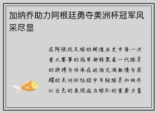 加纳乔助力阿根廷勇夺美洲杯冠军风采尽显
